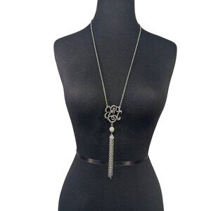 Long Silver Tone Tassel Pendant Necklace Swirl Design Elegant Statement Jewelry